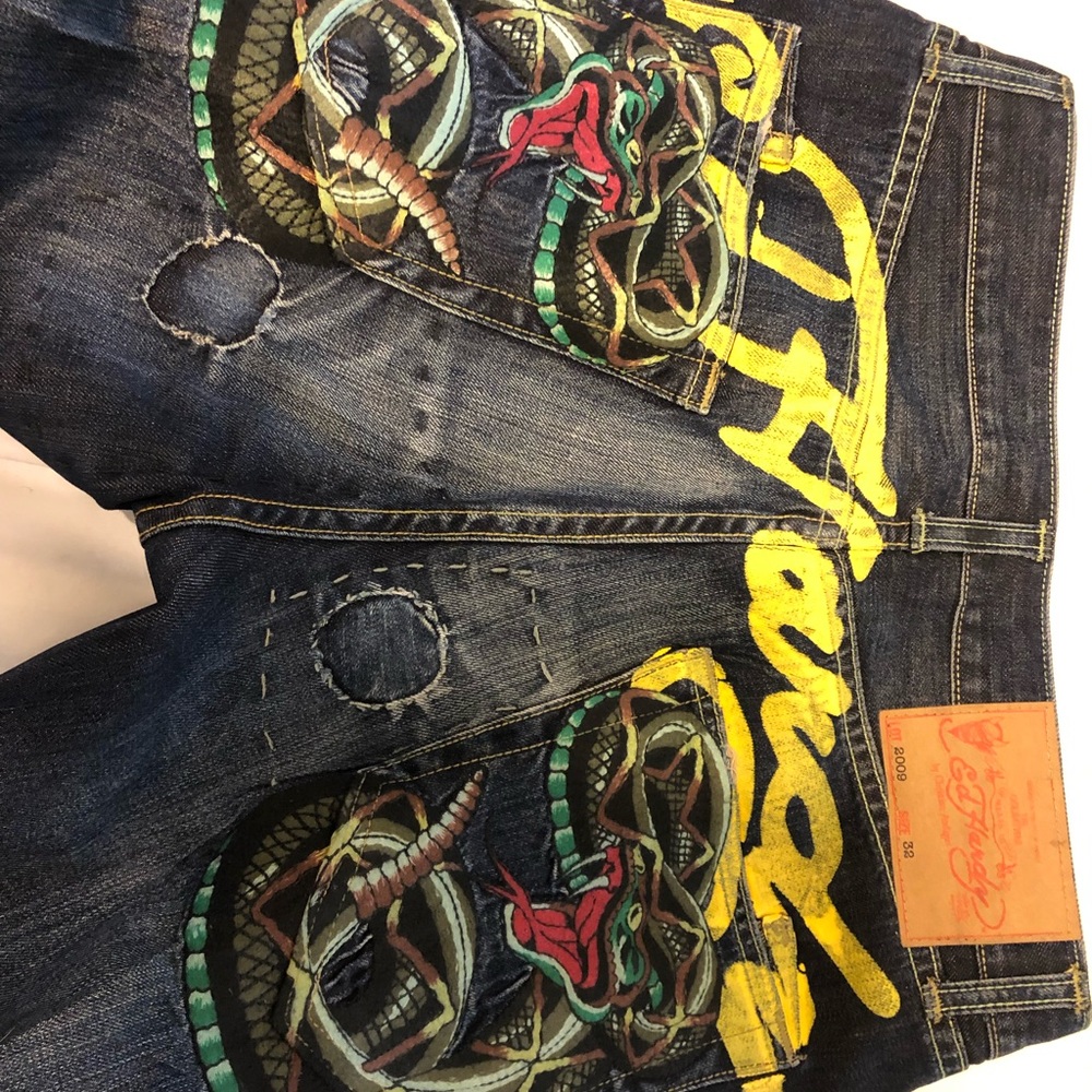 Ed Hardy Vintage Snake Embroidered Men Button Fly Jeans